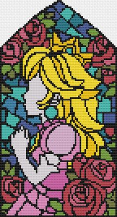 "This listing is for a cross stitch pattern featuring the famous Princess Peach mural from Super Mario! Digital patterns include: -1 stitch chart in black and white -1 stitch chart in color -A color key with DMC floss colors, the yardage needed, and number of stitches This pattern is drafted on 14-stitch fabric/Aida. Approximate size of the entire pattern is 5.1x9.6\". Digital files are copyright of Bitlings. By purchasing a digital file you agree not to copy or redistribute it." Stain Glass Pixel Art, Princess Peach Cross Stitch Pattern, Princess Peach Cross Stitch, Princess Peach Pixel Art, Peach Pixel Art, Pixel Art Templates Pattern, Minecraft Pixel Art Grid, Mario Cross Stitch Pattern, Anime Cross Stitch Patterns