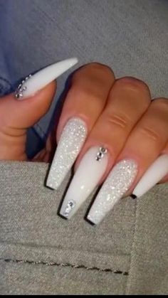 Glam Ideas, Stars Nails, Acrylic Nail Set, Long Acrylic Nail Designs, Long Nail Designs, Nails Design With Rhinestones, White Acrylic Nails, Cute Acrylic Nail Designs, Long Acrylic Nails Coffin