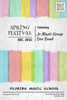 an advertisement for the florida music school's spring festival, featuring colorful paper strips