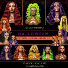 Bring some spooky style to your branding and marketing with this collection of 45 Halloween-themed hair mannequin mock-up cliparts! Featuring colorful wigs in Halloween-inspired shades, these premium mock-ups are perfect for hair salons, beauty brands, or content creators looking to add a bold, festive touch to their social media, marketing materials, and branding. What's Included: *45 high-resolution Halloween-themed hair mannequin mock-up cliparts. *Instantly downloadable after purchase. *Perf Colorful Wigs, Hair Mannequin, Spooky Style, Branding And Marketing, Mock Ups, Graphic Design Logo, Beauty Brand, Mock Up, Halloween Themes