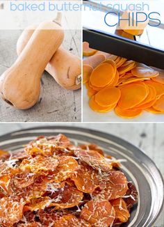 several pictures of baked buttered squash chips and other foods that are in the background