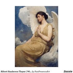 a painting of an angel sitting on top of a cloud filled sky with her arms folded