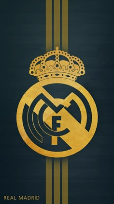 the real madrid logo is shown on a black and gold striped background with an ornate crown