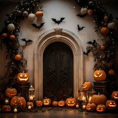 a bunch of pumpkins that are sitting in front of a door with bats on it