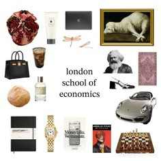 the london school of economics logo is surrounded by many different items and objects