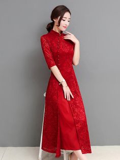 Red & Green Lace A-line Long Cheongsam Ao Dai RED-S Global Dress, Traditional Chinese Dress, Cheongsam Dress, Chinese Dress, Green Lace, Unique Dresses, Cheongsam, Salwar Kameez, Traditional Dresses