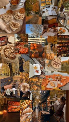 a collage of photos with pumpkins, pies and other food on it