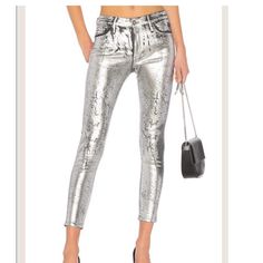 Silver Metallic Skinny Leg Jegging Jean. Front And Back Pockets 80% Cotton 15% Modal 5% Pu Rise 7” Inseam 31” Outfit 90s, Adriano Goldschmied Jeans, Fashion Attire, Revolve Clothing, Hot Outfits, Vintage Style Outfits, Jean Leggings, Casual Style Outfits, Fashion Help