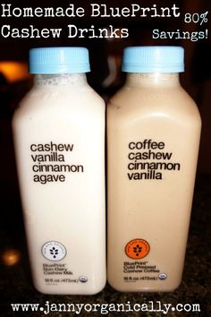 two bottles of coffee drink sitting on top of a counter next to each other with the words homemade blueprint cashew drinks savings