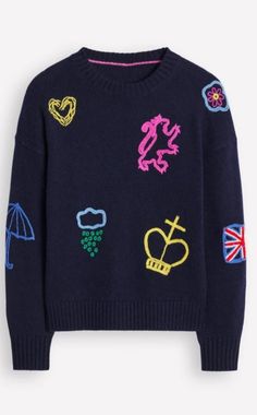 Cute and fun embroidered sweater for women with Emily in Paris style vibes. Icons Women, British Icons, Embroidered Jumper, Boden Uk, Embroidered Sweater, Knitting Women Sweater, Knitted Sweaters, Jumper, Doodles