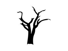 a black and white silhouette of a bare tree with no leaves on the branches, against a white background