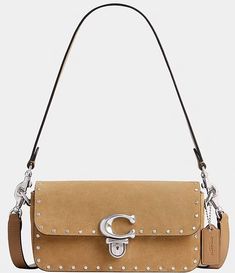 COACH Suede Studio Baguette With Rivets Shoulder Bag | Dillard's Studio Shoulder Bag Coach, Designer Baguette Satchel Bag With Branded Hardware, Luxury Baguette Bag With Adjustable Strap And Flap, Leather Baguette Flap Bag For Everyday Use, Leather Baguette Bag With Metal Hardware For Travel, Coach Leather Baguette Bag For Evening, Everyday Luxury Flap Baguette Bag, Luxury Baguette Bag For Everyday Use, Leather Rectangular Shoulder Bag With Branded Hardware