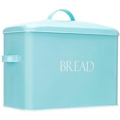 a light blue bread box with the word bread on it's lid and handle