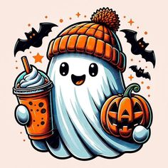 a cartoon ghost holding a drink and wearing a pumpkin hat