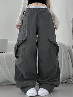 Women's Low Waist Utility Cargo Pants, Casual Style Grey Casual   Woven Fabric Colorblock,Plain Straight Leg Non-Stretch All Women Clothing, size features are:Bust: ,Length: ,Sleeve Length: Baggy Womens Pants, Work Polo Shirts, Utility Cargo Pants, Athletic Sweatpants, Baggy Cargo Pants, Grey Colour Suit, Fleece Tights, Grey Outfit, Womens Pants