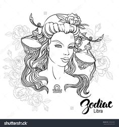 zodiac sign libra with beautiful woman's face and flowers on the background, black and white drawing