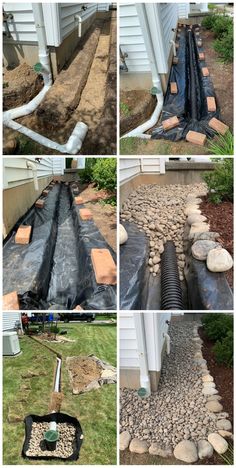 several pictures of different types of drainage pipes in the yard and on the side of a house