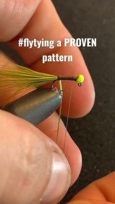 a person holding a green and yellow fishing lure with the caption saying, flying a proven pattern