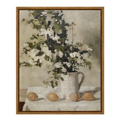 a painting of white flowers in a vase on a table