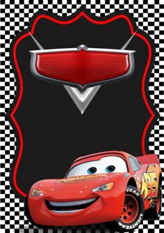 the character from cars is in front of a black and white checkered background