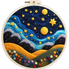 Needle Felting kit - Field under the Night Sky Needle Felting Painting Ideas, Needle Felt Painting, Flat Felting, Needle Felt Art, Needle Felted Art, Art Mini Toile, Felt Painting, 2d Painting, Felting Needles