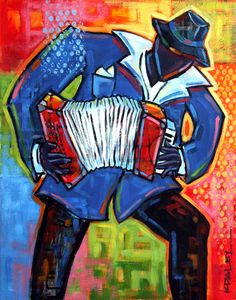 an acrylic painting of a man playing the accordion on a brightly colored background