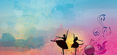 two ballerinas are silhouetted against an abstract background with swirls and colors