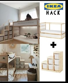 the bunk bed is made from wood and has two shelves on each side with baskets underneath it