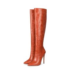 Fashion PU Ladies Winter Pointed Toe Knee High Boots with Heels | Up2Step Heel Tall Boots, Orange Boots, Horse Fabric, Trendy Boots, Stiletto Boots, Zipper Boots, Heel Slippers, Corset Lingerie, Ladies Shoes