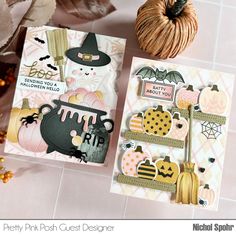 two cards with pumpkins and witches on them