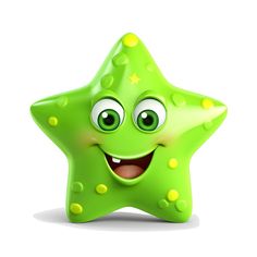 a green star with yellow dots and eyes