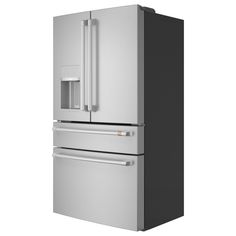 a silver refrigerator freezer sitting next to a white wall with an ice dispenser in it