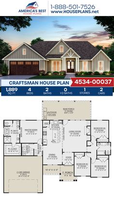 the craftsman house plan is shown in two different colors and sizes, with an open floor plan