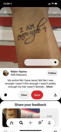 two screenshots showing the same person's handwriting on their wrist, one with an i am enough message