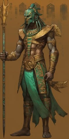 an egyptian warrior holding a spear and wearing green clothing with gold accents on his body