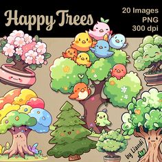 cartoon trees with birds and flowers on them for the new year's greeting card