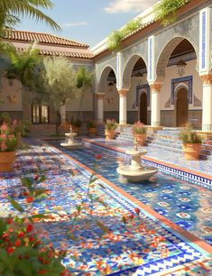 an outdoor courtyard with blue and white tiles on the floor, potted plants in pots