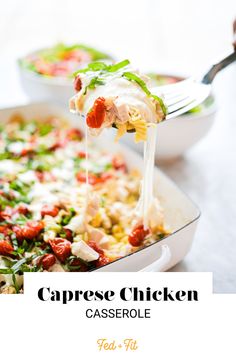 a casserole dish with chicken and vegetables being drizzled over it