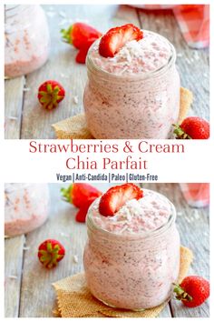 strawberries and cream chia parfait in a mason jar