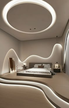 a bed room with a neatly made bed and a round light on the ceiling above it