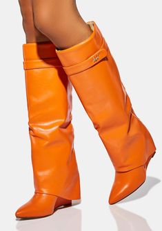 Azalea Wang Vegan Leather Knee High Charm Wedge Boots Orange – Dolls Kill Azalea Wang Boots, Orange Boots, Dolls Kill Shoes, Orange Wedges, Monochromatic Fashion, Pretty Shoes Sneakers, Shoes Heels Classy, Azalea Wang, Stuck On You