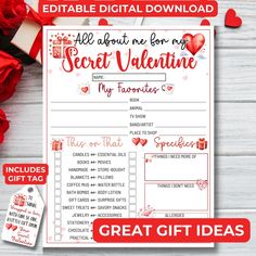 valentine's day gift guide with red roses and hearts on the table next to it