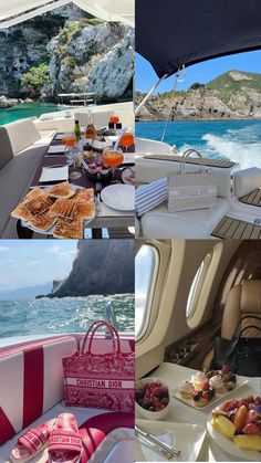 the inside of a boat with food and drinks on it, along with an ocean view