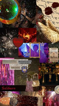 a collage of photos with many different things in the background, including fireworks and decorations