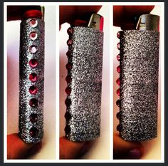 three pictures of a lighter with silver sparkles and red stones on the side, one is empty