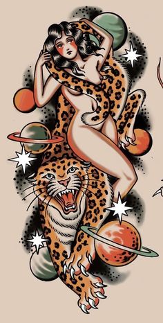 a drawing of a woman in a bathing suit on top of a leopard and planets