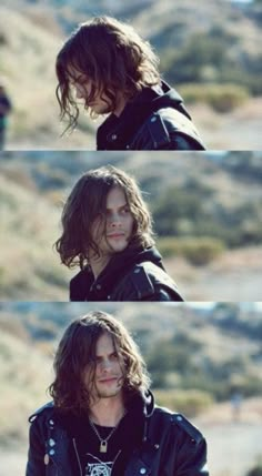 three different shots of a man with long hair and wearing a black leather jacket, looking at the camera