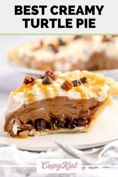 the best creamy turtle pie recipe on a white plate