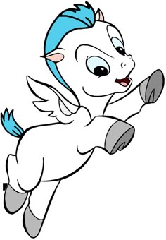 a cartoon horse with blue hair and wings flying through the air, looking like an angel