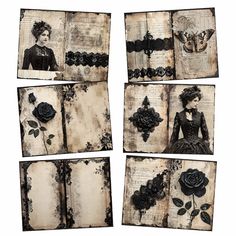 altered photograph collages with black roses and lace on old book pages, set of four